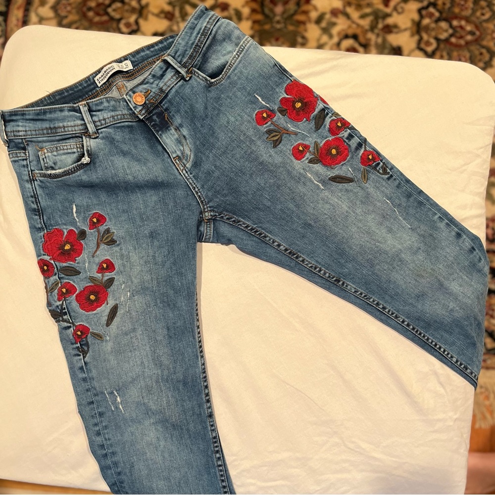 Zara Premium Denim Embroidered Lightly Distressed Jeans
